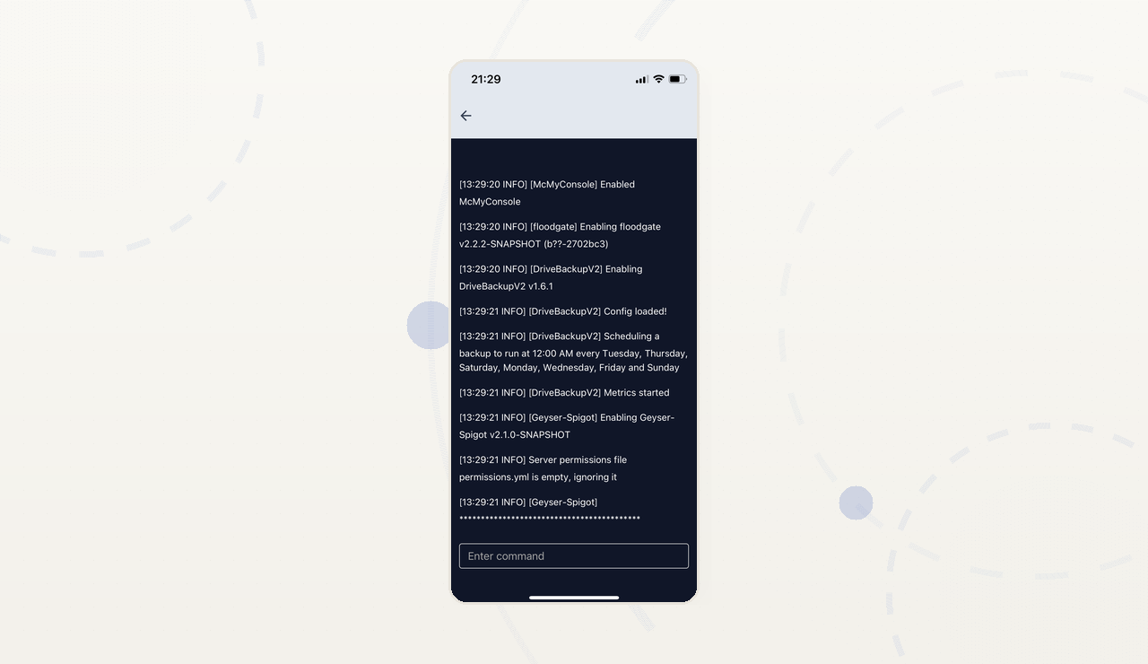 Console access — mobile terminal for sending RCON commands to the server