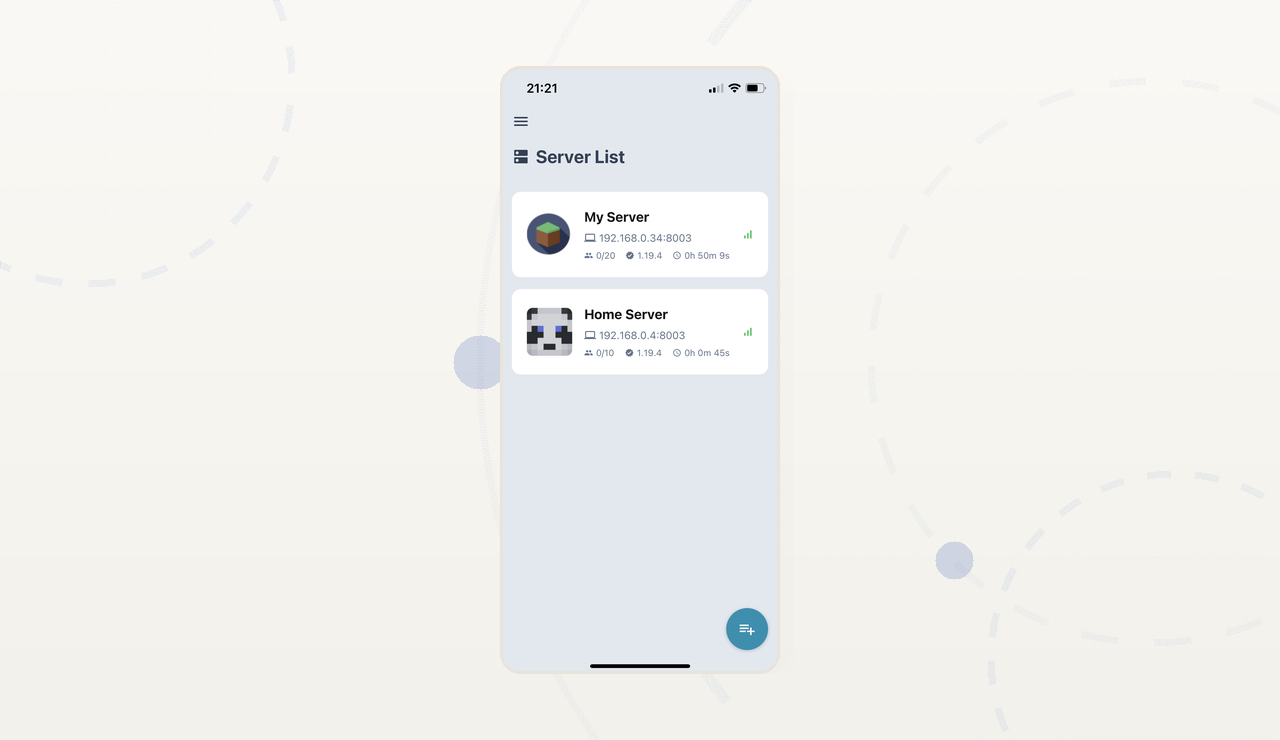 Server dashboard — at-a-glance status, uptime, TPS, memory usage, and player count