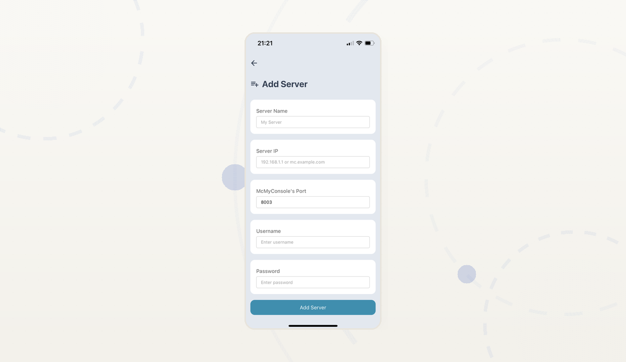 Add server — enter server details with host, port, and RCON credentials