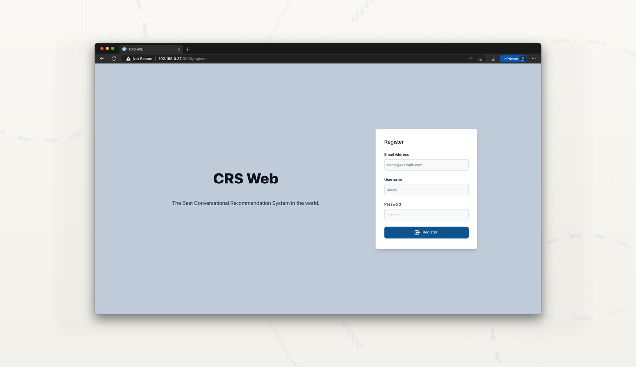 Registration page — new user sign-up with profile setup and preference selection