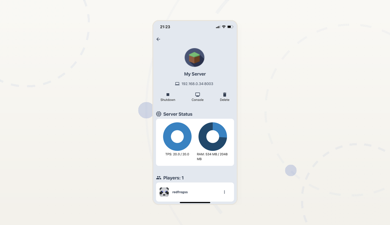Server control — start, stop, and restart the server remotely with confirmation dialogs